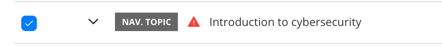 Salesforce preflight. Close up of a Navigation Topic in the current publication hierarchy. There is a red warning icon next to the navigation topic's title.