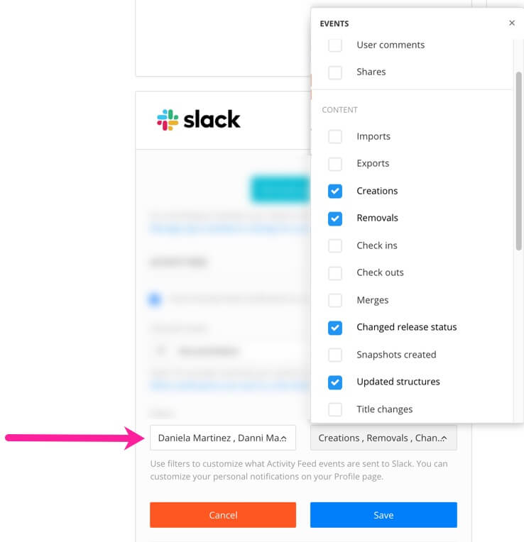 Paligo's Slack integration settings. A callout arrow points to the two combo boxes that you can use to filter the notifications. The left one is for filtering the notifications by user. The right one is for filtering notifications by event. The event options are shown and each option has a checkbox. Paligo will send a notification for those users or events that are checked.