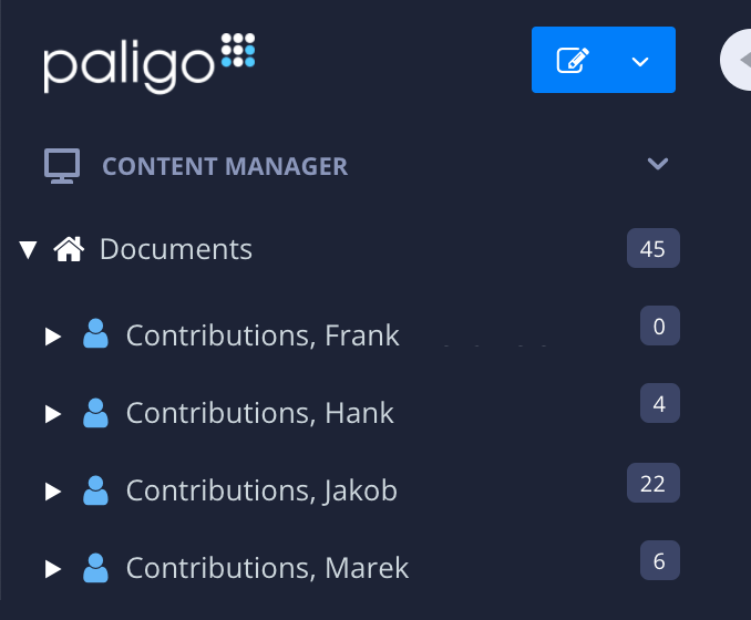 Paligo content manager sidebar shows the Documents section. Inside it, there are special folders named Contributions Frank, Contributions Hank, Contributions Jakob, and Contributions Marek.