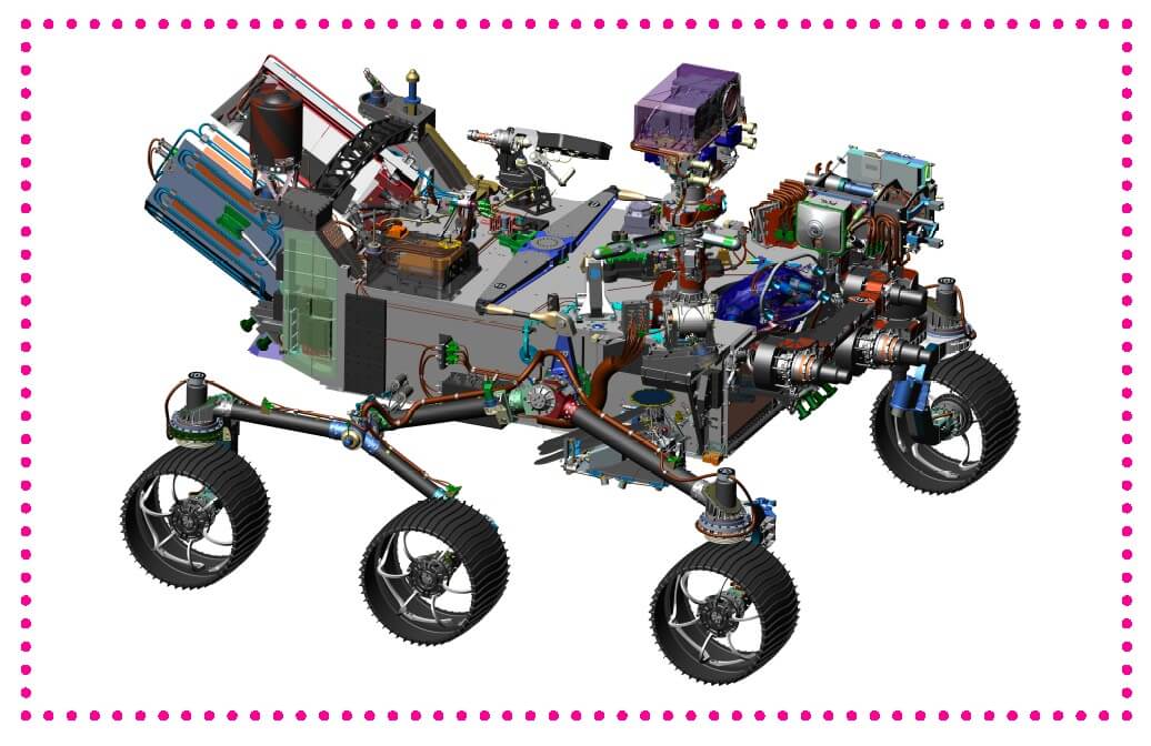 Image of a mars rover robot. It has a pink dotted border around the edge.