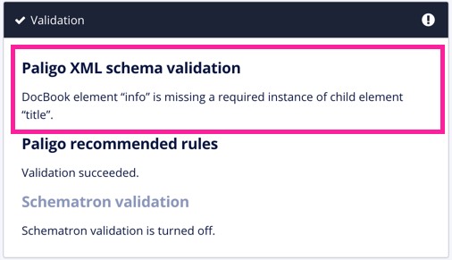 Validation message. Tells user that the info element is missing the required title element.