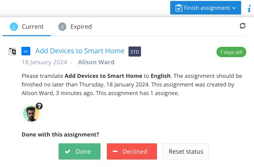 Translation editor clipboard menu has options for setting the assignment to done, declined, or reset the status.