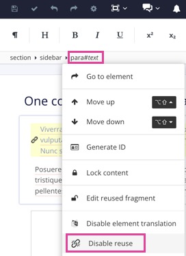 Paligo editor shows the para element is selected in the Element Structure Menu. The para element's menu has a Disable reuse option that is highlighted.