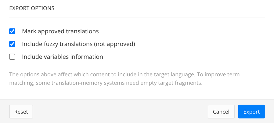 Export options section, showing checkboxes for Mark approved translations, Include fuzzy translations (not approved), and Include variables information.