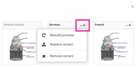 Language variant preview. The settings icon in the top corner of a German variant image are selected, revealing a dropdown menu.There are options for rebuilding a preview, replacing a variant, and removing a variant.