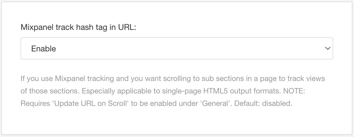 Mixpanel track hash tag in URL setting. It has an enable option and a disable option.