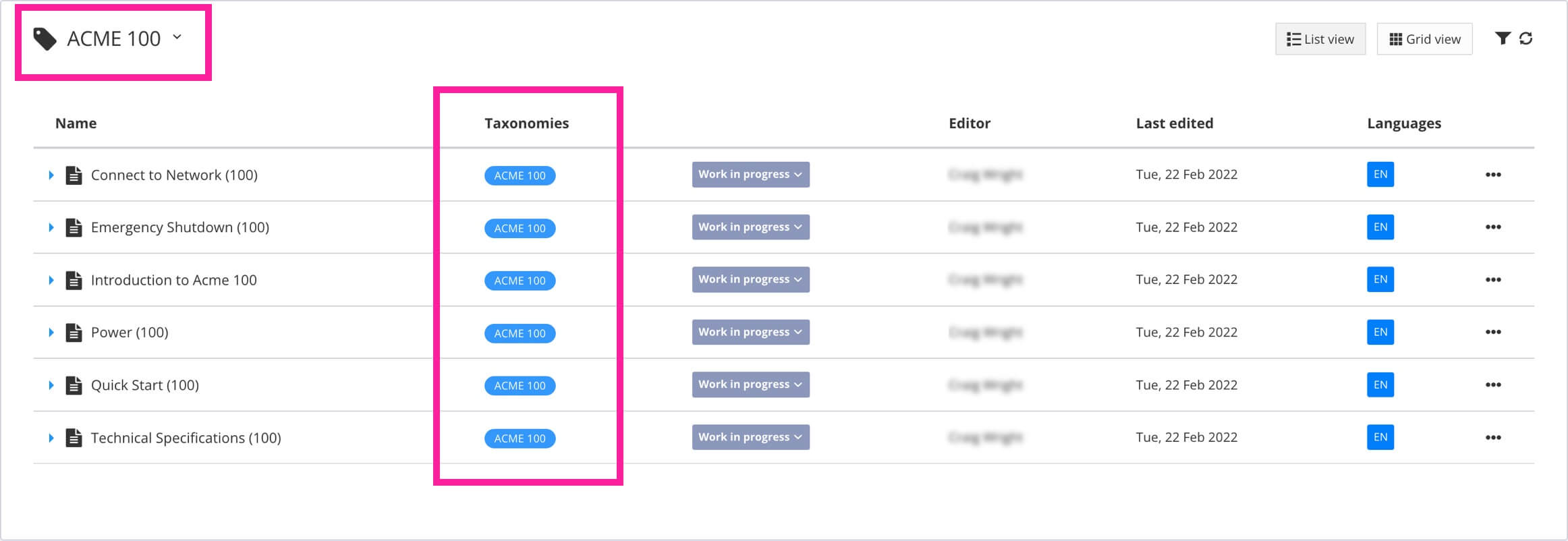 Taxonomies View shows the selected taxonomy tag and a list of all resources that are associated with that tag.