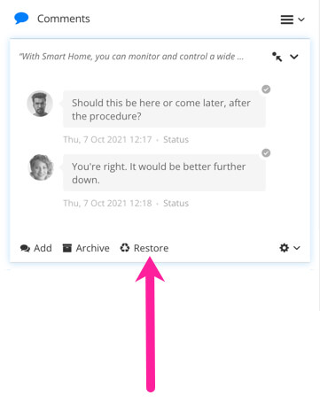 Archived comments in the Comments sidebar. A callout arrow points to the Restore option.