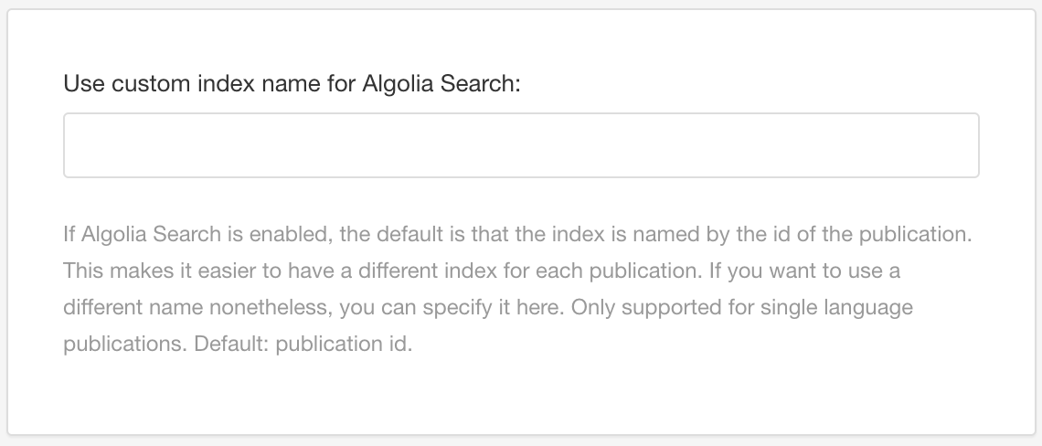HTML5 Help Center Layout. Search engine settings. Use custom index name for Algolia Search setting is shown.