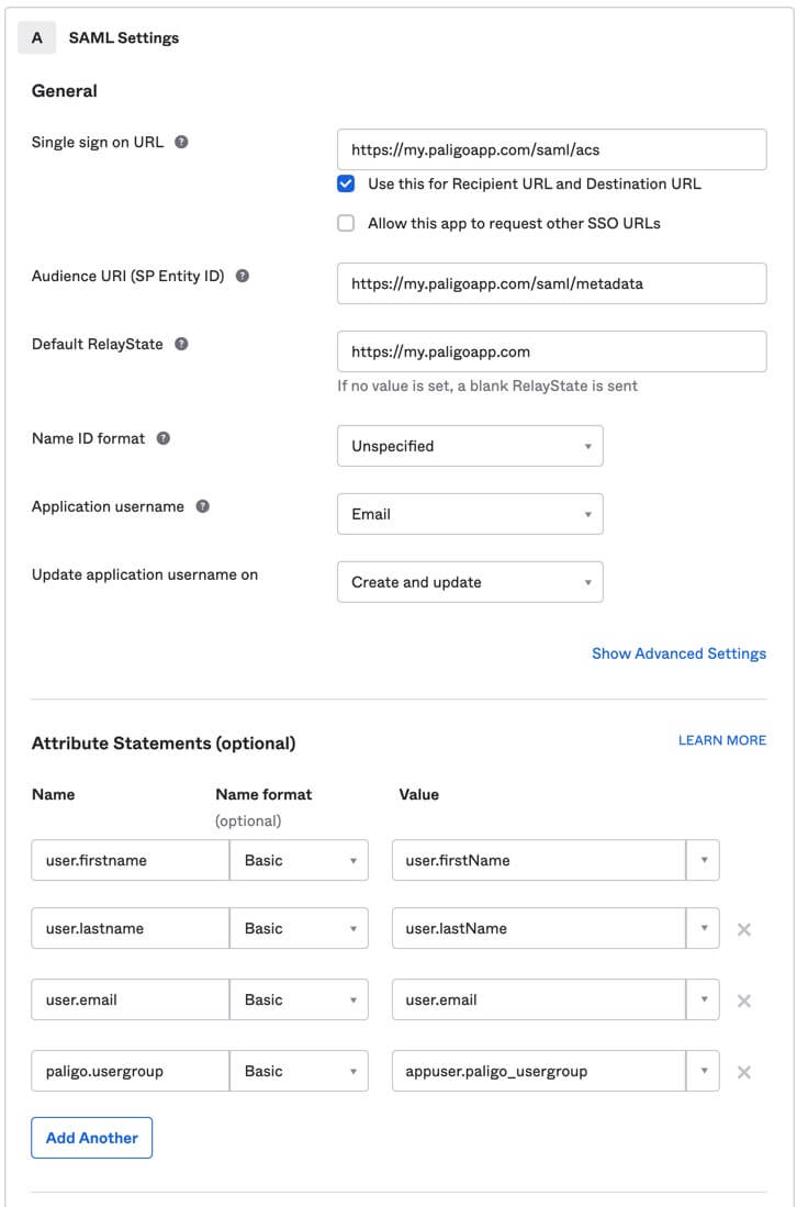 SAML Settings in Okta. The settings show the values that are needed for connecting to Paligo.