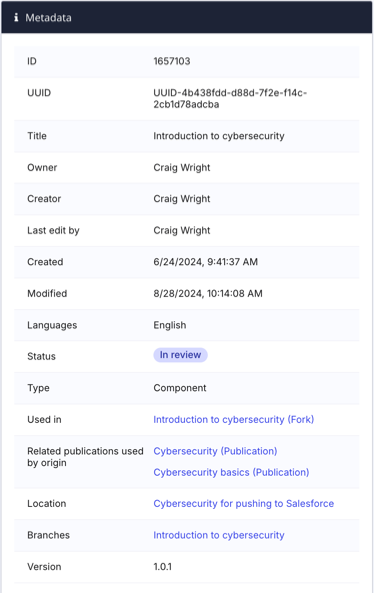 Metadata sidepanel for a topic. It has a list with two columns. The left column is for metadata types, such as ID and Last edit by and the right column is for the metadata values.