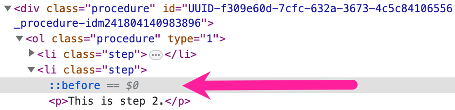 HTML in Google Chrome inspection tool. A callout arrow points to ::before, which appears after <li class="step"> in a procedure.