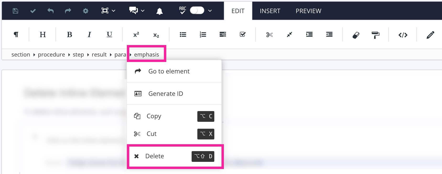 Paligo editor. The emphasis element is selected in the element structure menu. A drop down menu is shown and the delete option is highlighted.