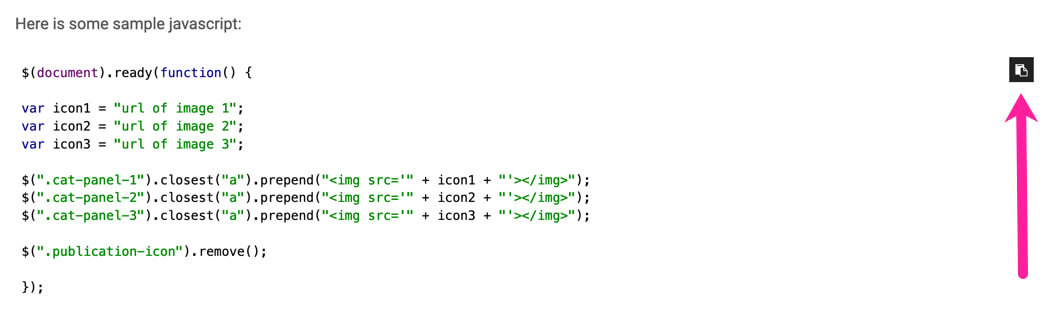 A section of a topic in an HTML output. There is a code sample in the content, and to the right of the code, a copy to clipboard icon.
