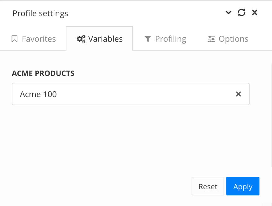 Profile settings. The variables tab is selected and shows the Acme Products variable has been set to Acme 100.
