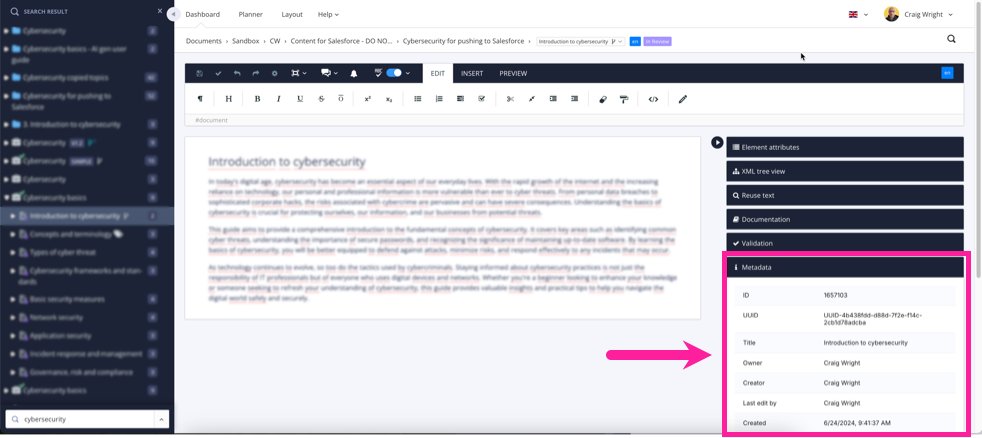 Paligo main editor with a topic being edited. A callout box highlights the Metadata side panel. The Metadata side panel is open, revealing a list of metadata properties and values.