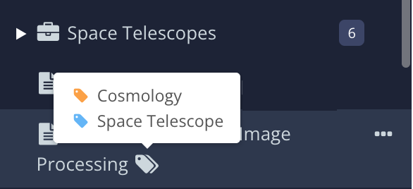 A topic in the Content Manager has a white double tag icon to show it has more than one taxonomy tag. The hover effect shows a ToolTip that shows a yellow tag next to Cosmology and a blue tag next to Space Telescope.