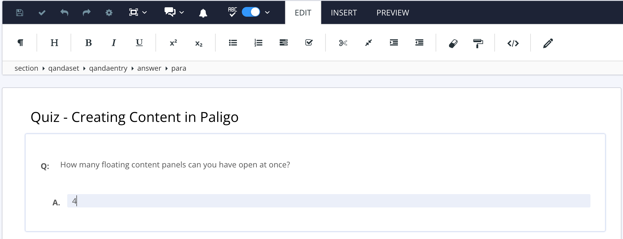 Paligo editor showing an example of a quiz topic with a numerical question and answer. There is a question in text and an answer as a number.