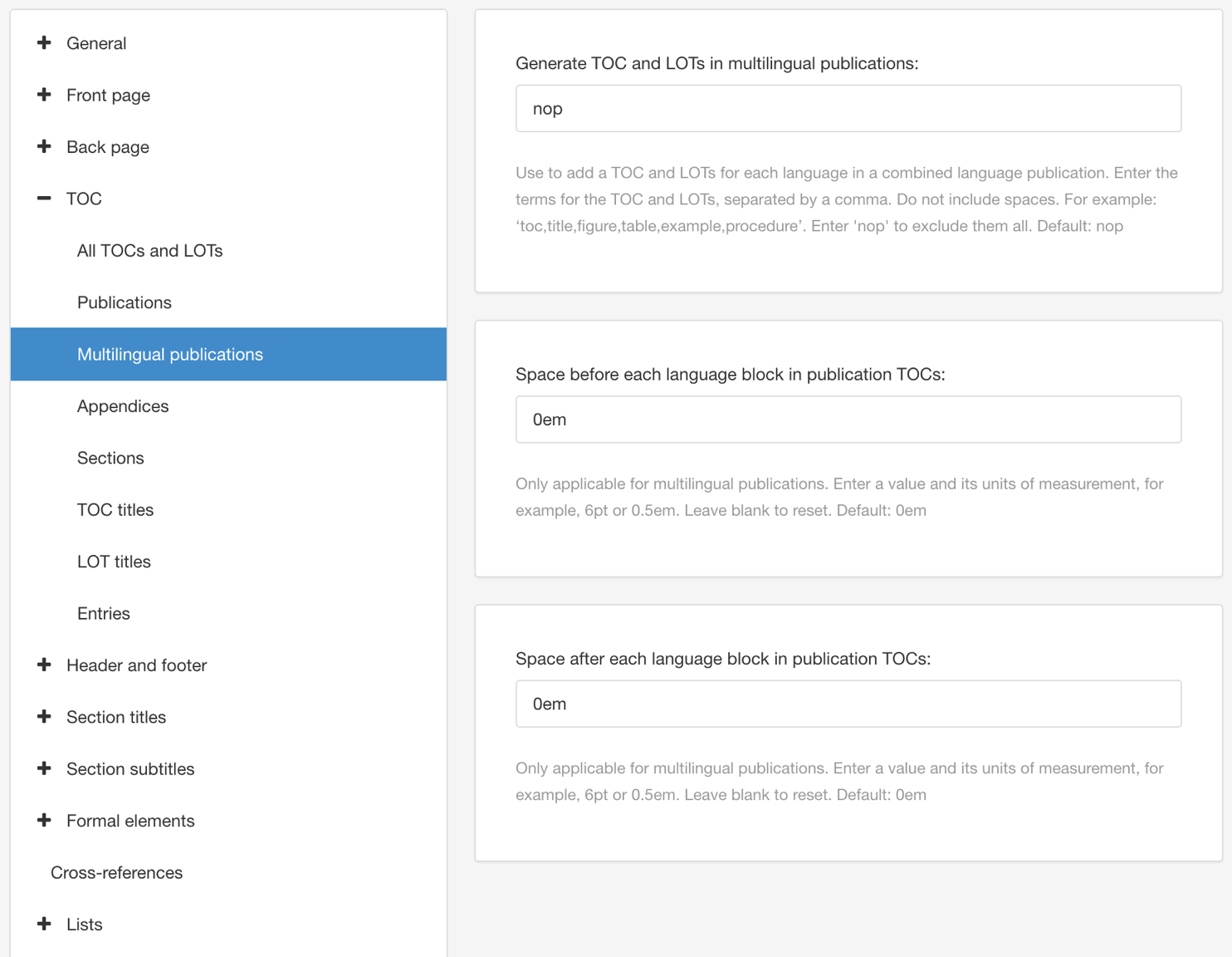 PDF Layout. TOC settings. Multilingual publications category.