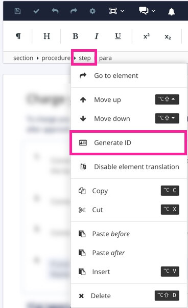 Step is selected in the element structure menu, revealing a menu. The Generate ID option is selected.