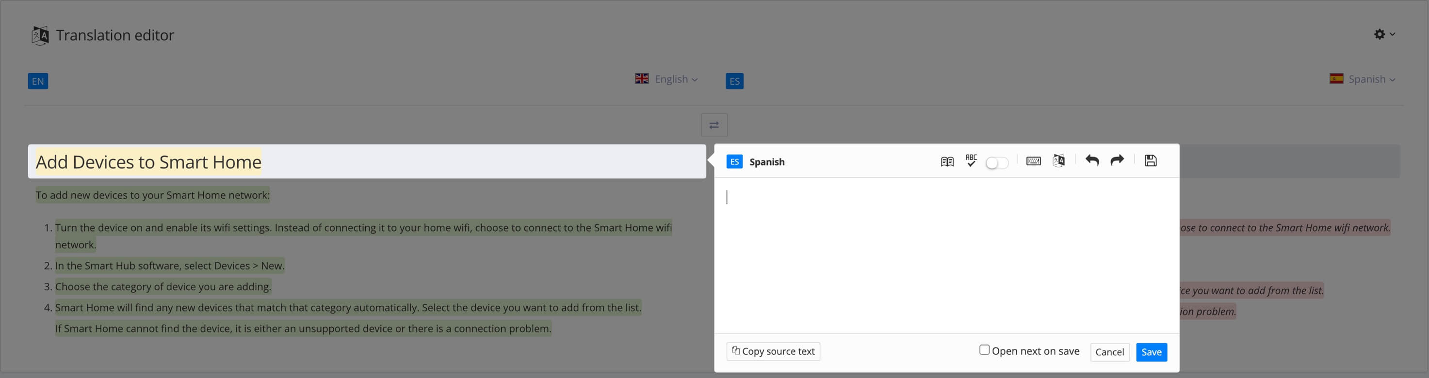 Translation view shows a text fragment highlighted in the source language with a translation box for adding the translation.