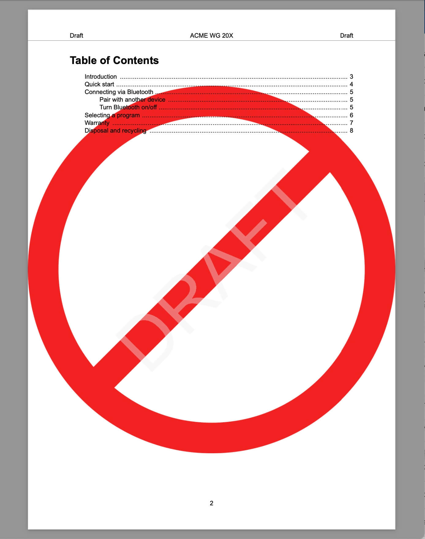 Table of contents page in a PDF. It has a red stop sign behind the text and the word draft written diagonally as a watermark.