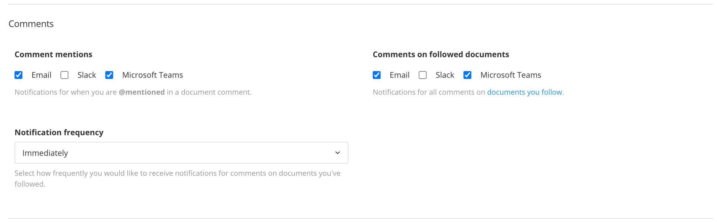 The Comments section of the Notifications tab on the My Profile dialog. There are options for choosing whether you get notifications when you are mentioned in a review or when there are comments in documents you follow. You can also choose when Paligo will send you the notifications.