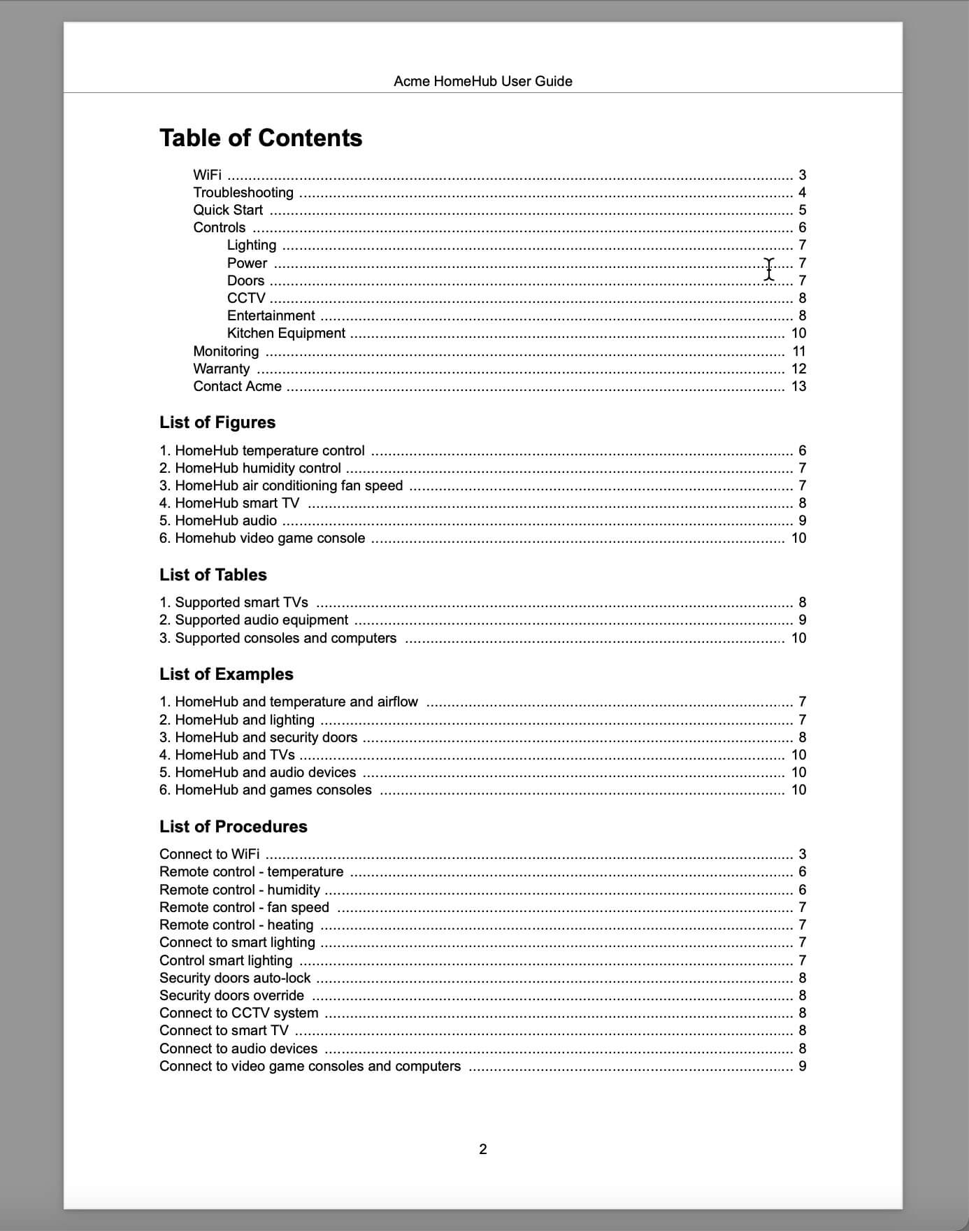 PDF table of contents showing the table of contents followed by a list of figures, list of tables, list of examples, and list of procedures.