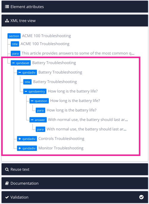 XML tree view shows the structure that's needed for a qandaset with qandadivs. The image shows qandaset contains several qandadivs. Inside each qandadiv, there is a title and a qandaentry. Inside the qandaentry there is a question and answer.
