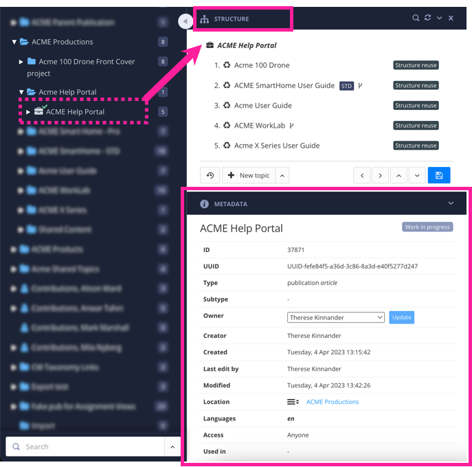 Content Manager and a publication's structure view. A callout arrow points from a publication in the content manager to the structure view. A callout box highlights the Metadata section in the structure view.