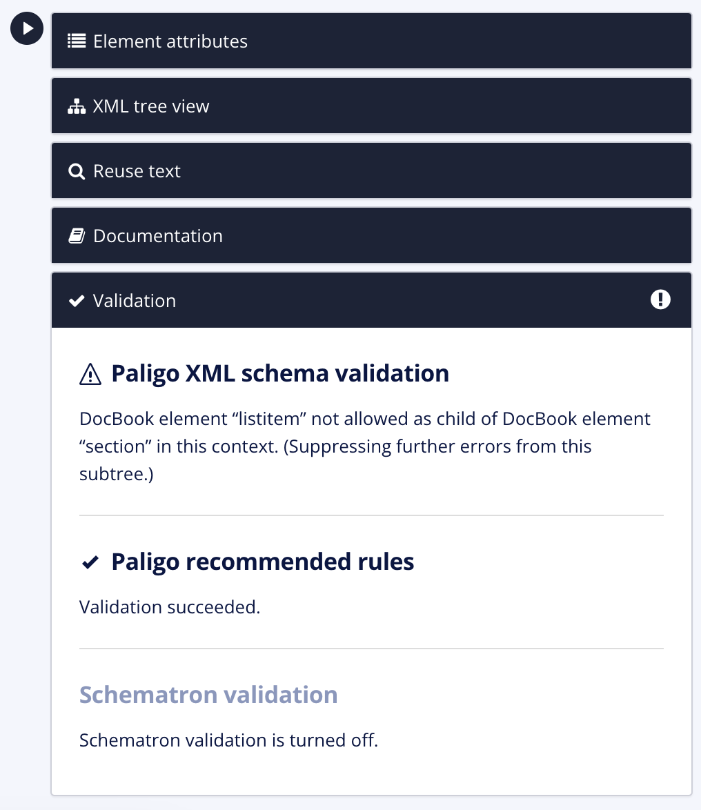 Paligo editor sidebar. The Validation section is expanded automatically if you try to save a topic that has a validation error.