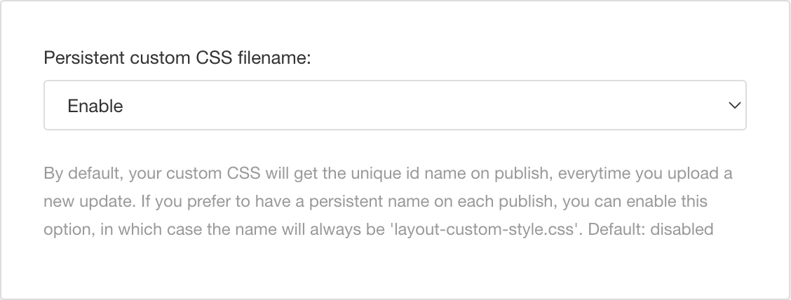Persistent custom CSS filename field. It has a dropdown menu for selecting enable or disable.