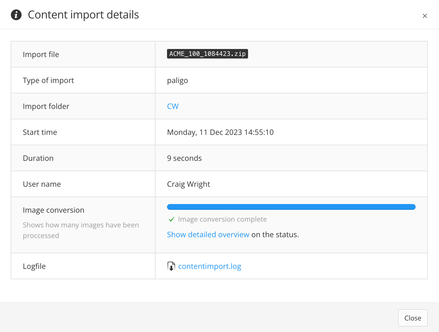 Content import details dialog. It contains a table with two columns. The left column has categories of import details and the right column has the values and links to other displays.