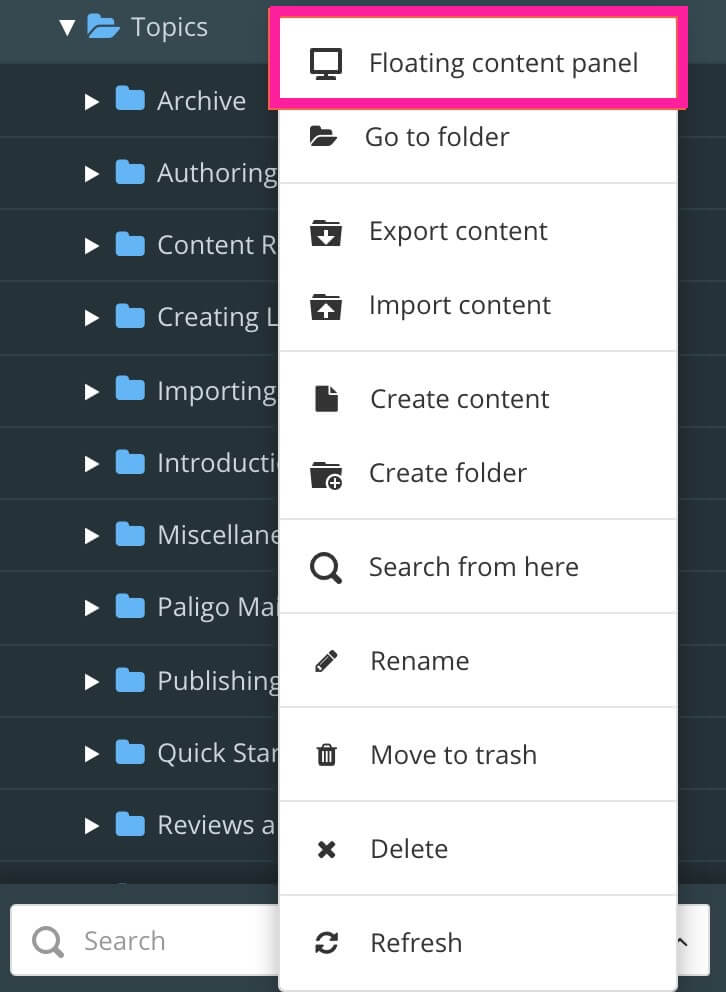 Context menu shown for a folder in the Content Manager. The context menu's "floating content panel" option is highlighted.