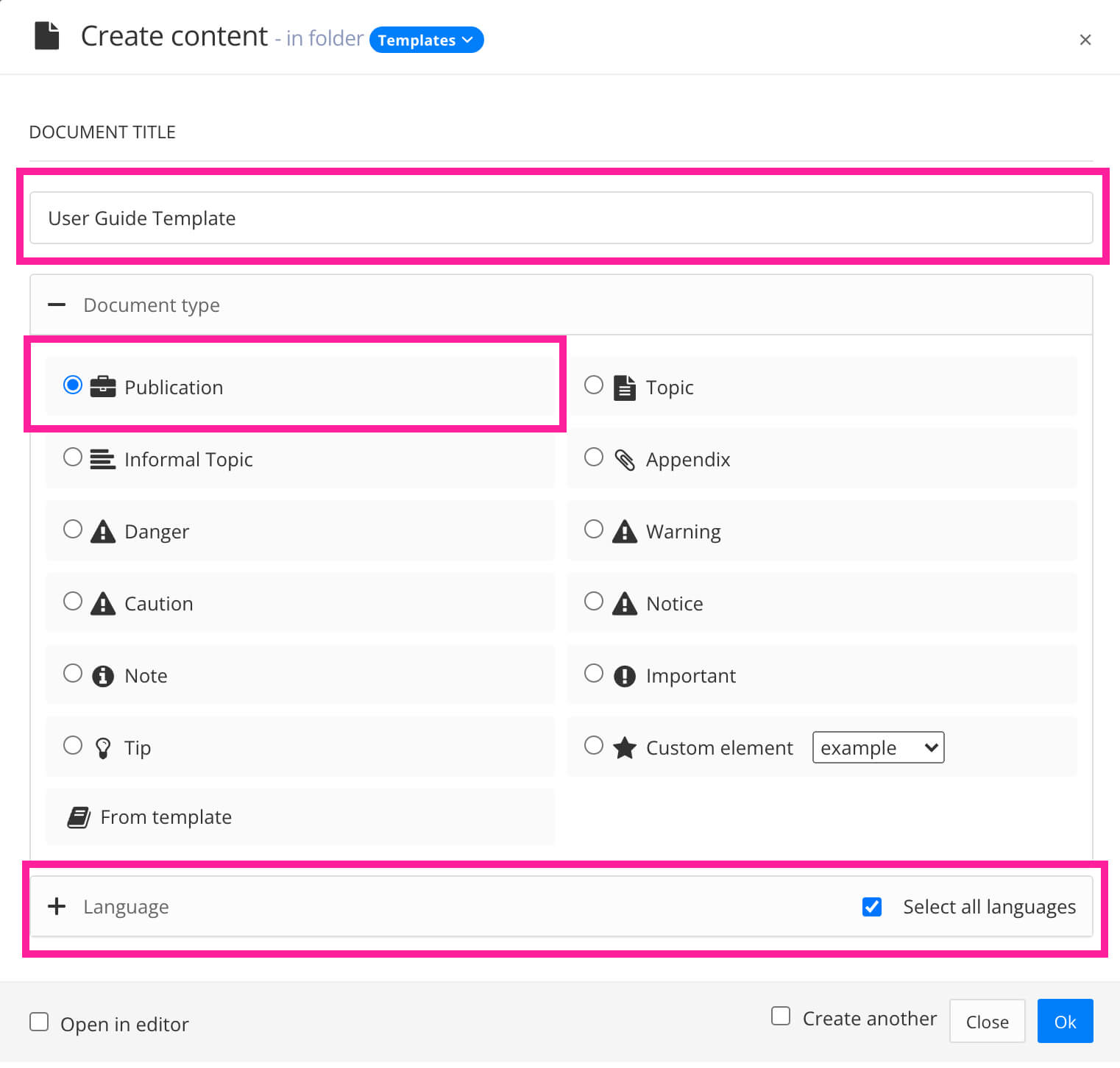 Create content dialog for templates. There is a field to enter a name, options for selecting the document type and publication is selected. There is also a section for choosing languages.