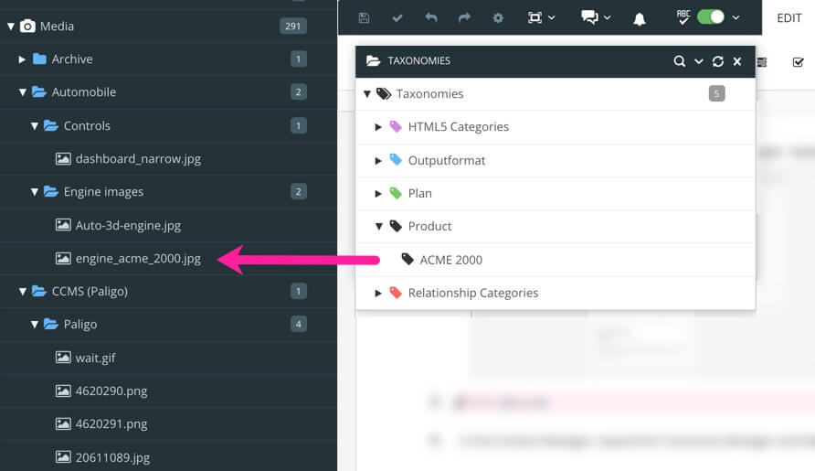 Paligo editor showing the media section of the content manager on the left. On the right, a floating content panel contains taxonomy tags. There is a callout arrow to show you that you can drag taxonomy tags from the floating content panel on to the image files.