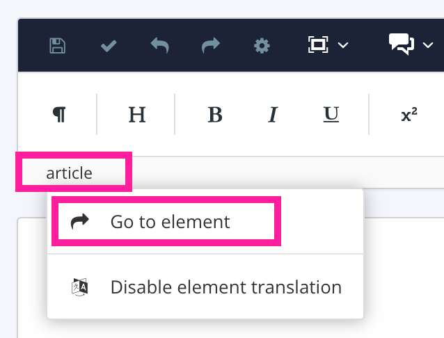 Paligo editor. The article element is selected revealing a menu. In the menu, the Go to element option is highlighted.