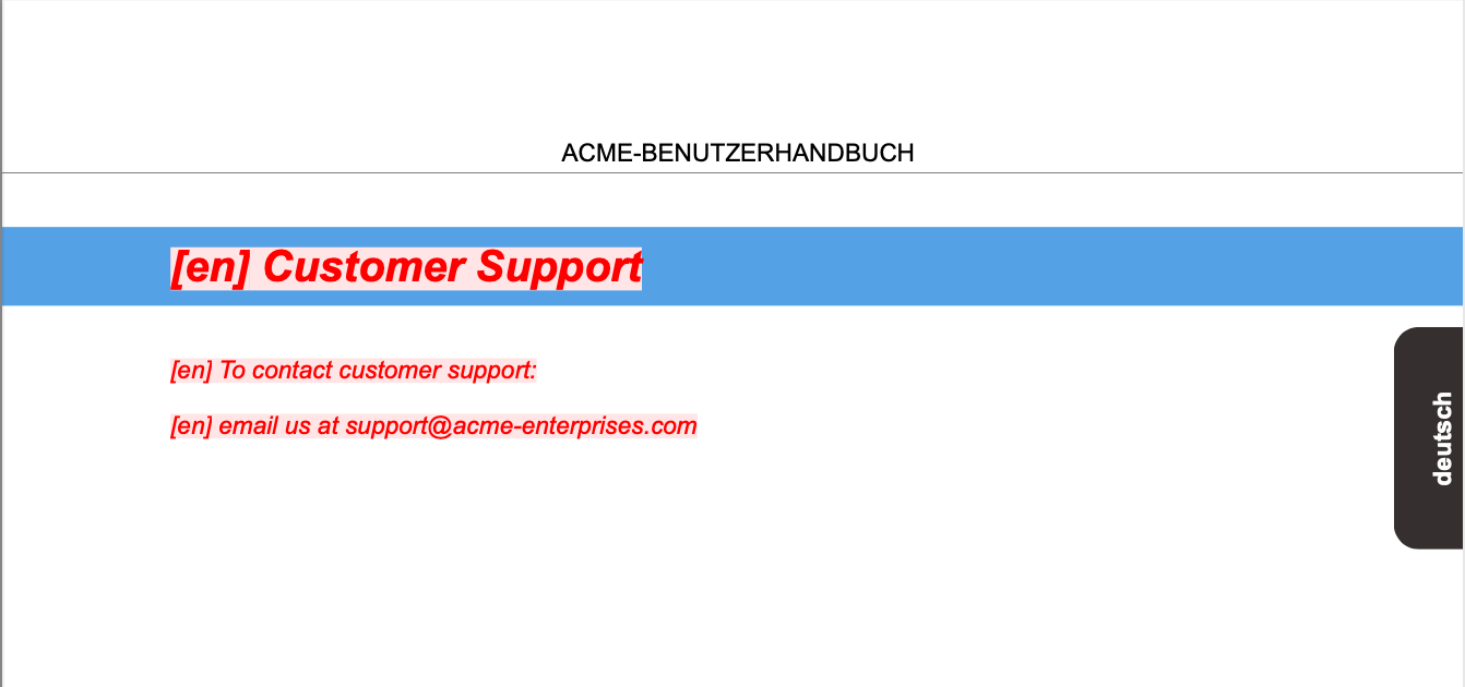 A page from a PDF output. It has German text in the header and Deutsch in a language sidebar. The title and content on the page is in English and each element has an [en] prefix. The English content is shown as red text with a light red background.