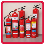 A photograph of several fire extinguishers lined up against a wall. There is a thick red border around the edge of the image and the border has curved corners.