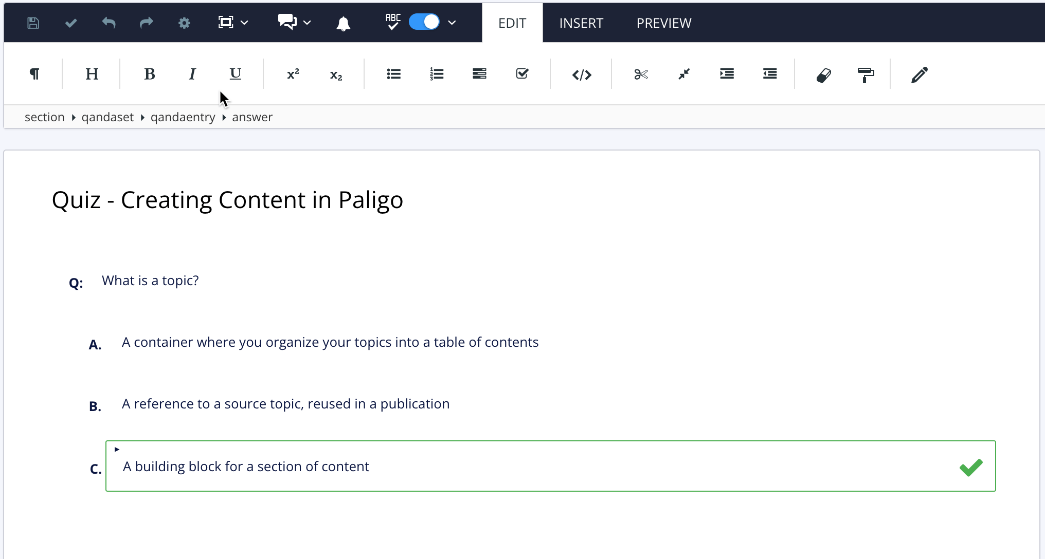 Quiz topic in the Paligo editor. There is a question with three possible answers. The correct answer has a green box around it and a green check icon.