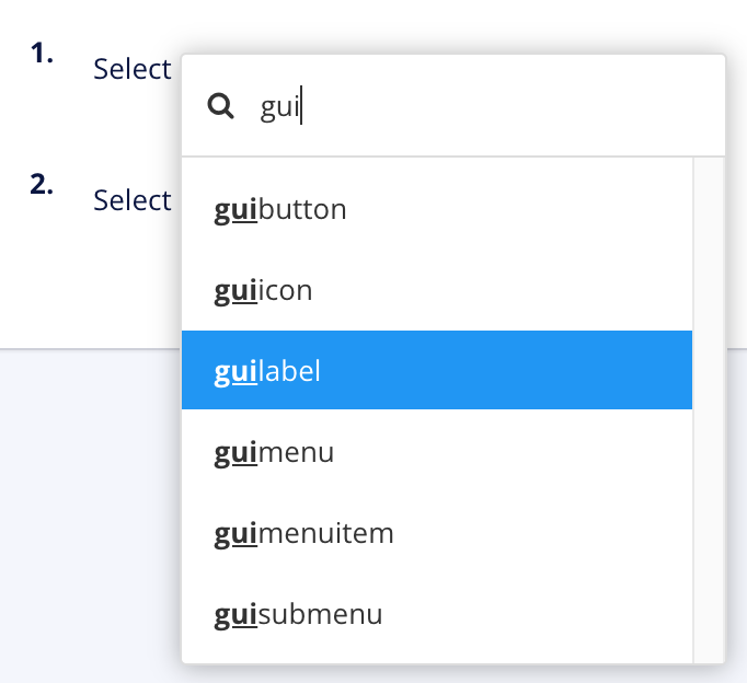 The element context menu is displayed. There is a search field at the top and the letters gui are being searched for. A list below shows the elements beginning with gui and guilabel is selected.