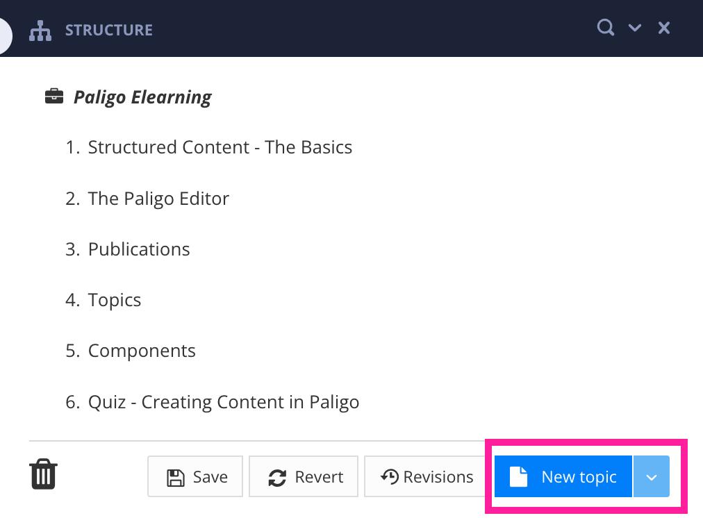 Publication structure for eLearning. The structure shows a list of information topics and quiz topics. At the bottom, the New Topic button is highlighted.