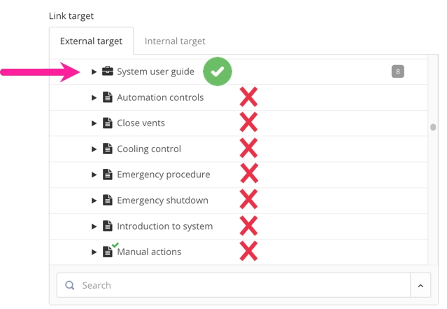 Link target section of the new cross-reference dialog. It shows a publication and a list of topics. There is a callout arrow pointing to the publication and also a green and white checkmark. There is a red cross next to each of the topics. This shows that you should expand the publication. Do not select a topic.