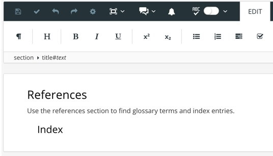 A References topic that contains an index. The index has its own title, which is "Index"