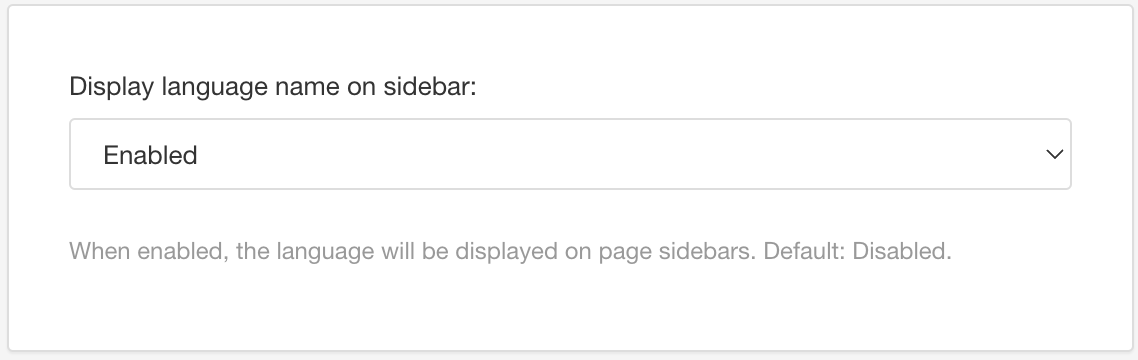 Display language name on sidebar setting has Enabled and Disabled options.