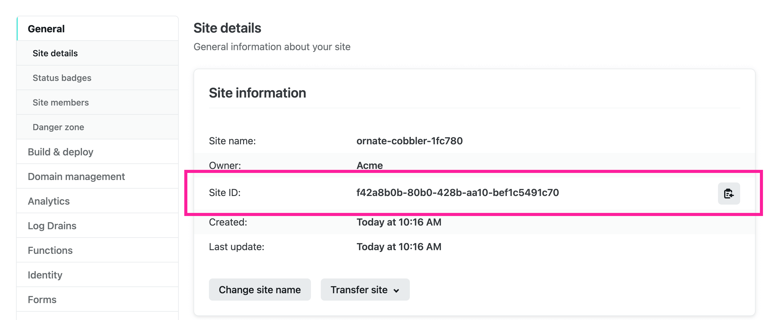 Site details in Netlify. There is a Site ID entry that you need to copy so that it can be pasted into Paligo's Netlify integration settings.