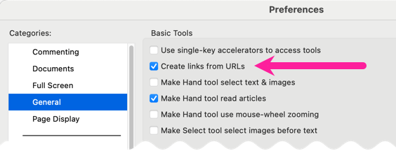 Image shows Adobe Acrobat Reader Preferences dialog. The General category is selected and a callout arrow points to the Create links from URLs option.