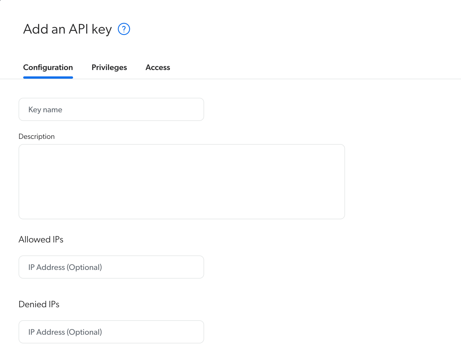 Add an API key dialog in Coveo. The configuration tab is selected. It has a key name field, description field, Allowed IPs field, and Denied IPs field. There is also a privileges tab and and access tab.