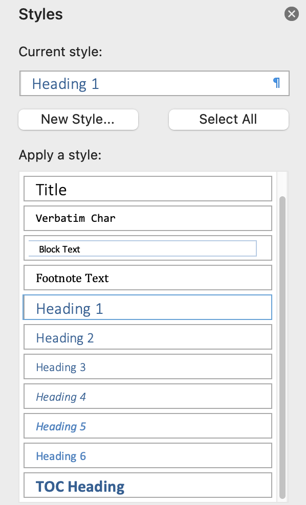 Styles panel from Microsoft Word document. It has a current style field, a new style button, a select all button and a list of styles to choose from.