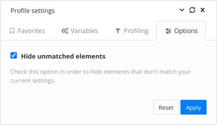 Translation view profile settings. Options tab has checkbox for Hide unmatched elements. Controls whether filtered content is completely hidden or placeholders are used.
